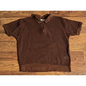 Obey Mens Open Knit Mesh rolling Quarter Zip Polo Shirt Brown Short Sleeve Small